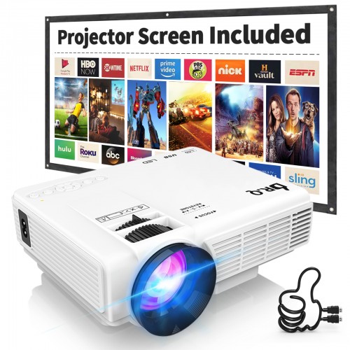 DR.Q HI-04 Projector with Projection Screen 1080P Full HD Supported, Upgraded 6000 Lumen Video Projector Compatible with TV Stick PS4 HDMI USB AV for Home Cinema & Outdoor Movie, White.